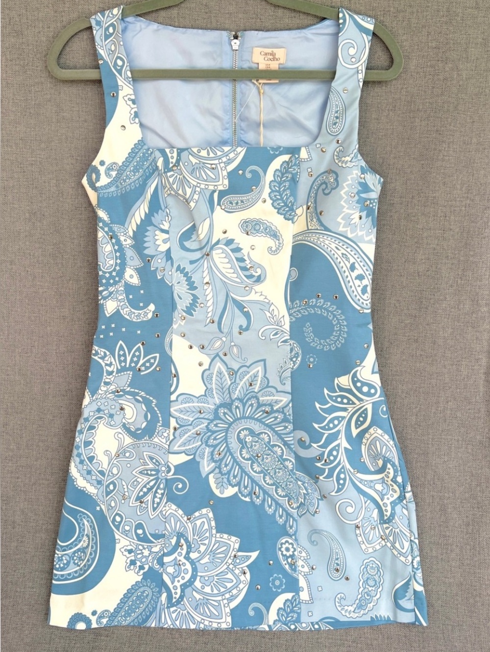 Camila Coelho mini paisley patterned studded dress blue white  cream size 6 NWT